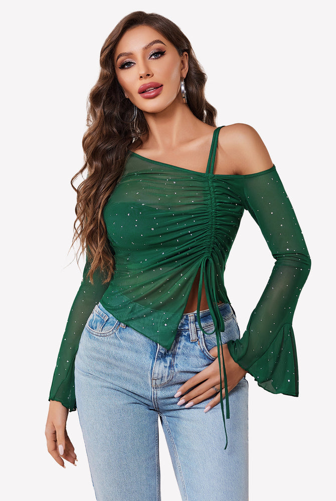 Green mesh top with rhinestones, off-shoulder design and long sleeves, perfect for various events