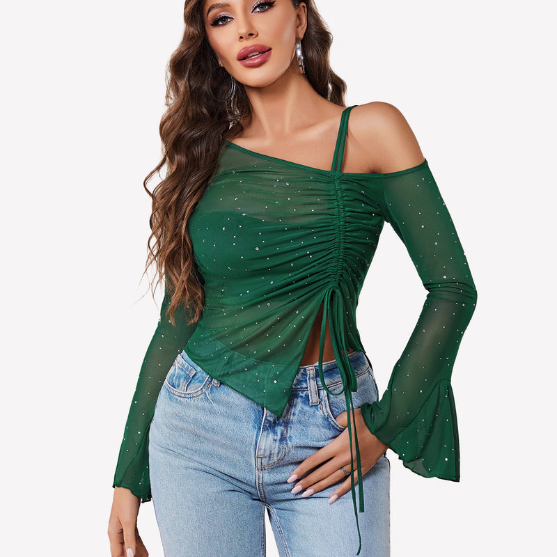 Green mesh top with rhinestones, off-shoulder design and long sleeves, perfect for various events