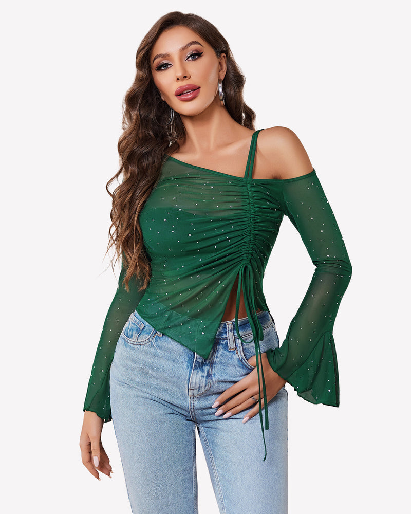 Green mesh top with rhinestones, off-shoulder design and long sleeves, perfect for various events