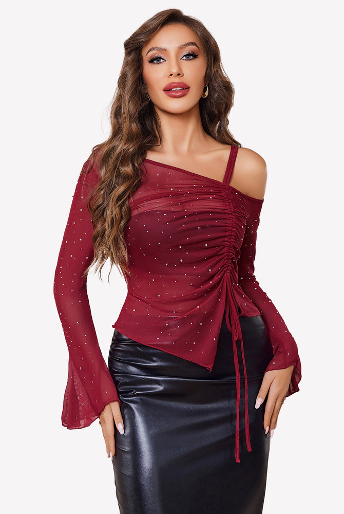 Burgundy mesh rhinestone off-shoulder top with long sleeves, perfect for events
