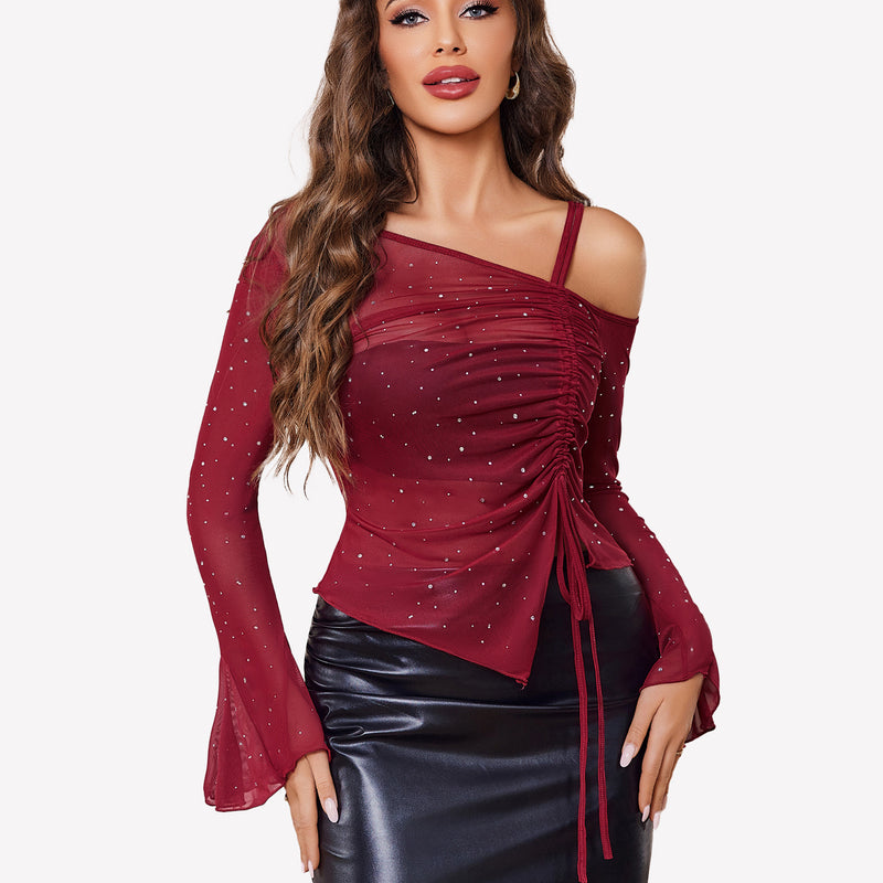Burgundy mesh rhinestone off-shoulder top with long sleeves, perfect for events