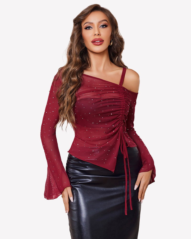 Burgundy mesh rhinestone off-shoulder top with long sleeves, perfect for events