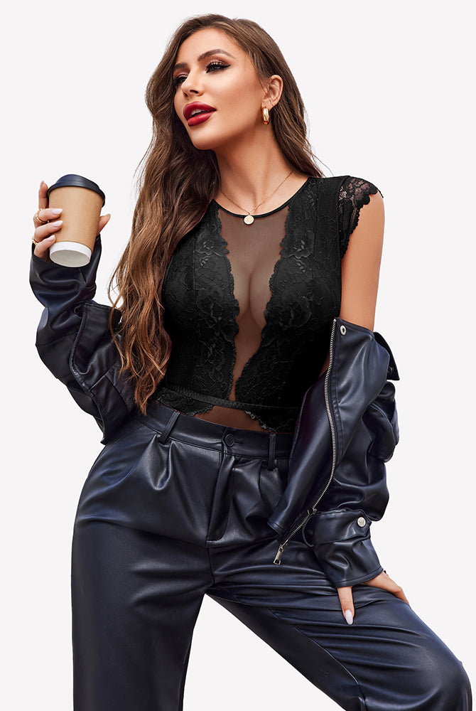 Black lace teddy bodysuit with snap crotch, mesh and lace details, perfect for daily wear