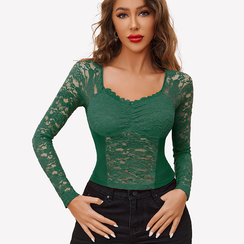 Green lace long sleeve mesh V neck top for women, elegant design, perfect for a night out