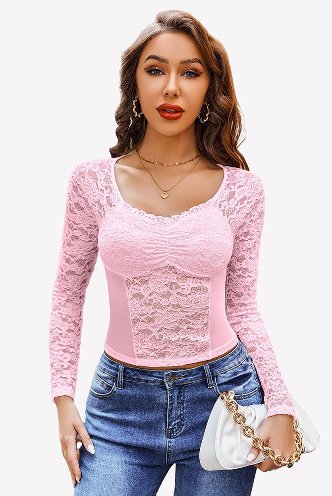 Pink lace long sleeve mesh V neck top for women, elegant design, perfect for a night out
