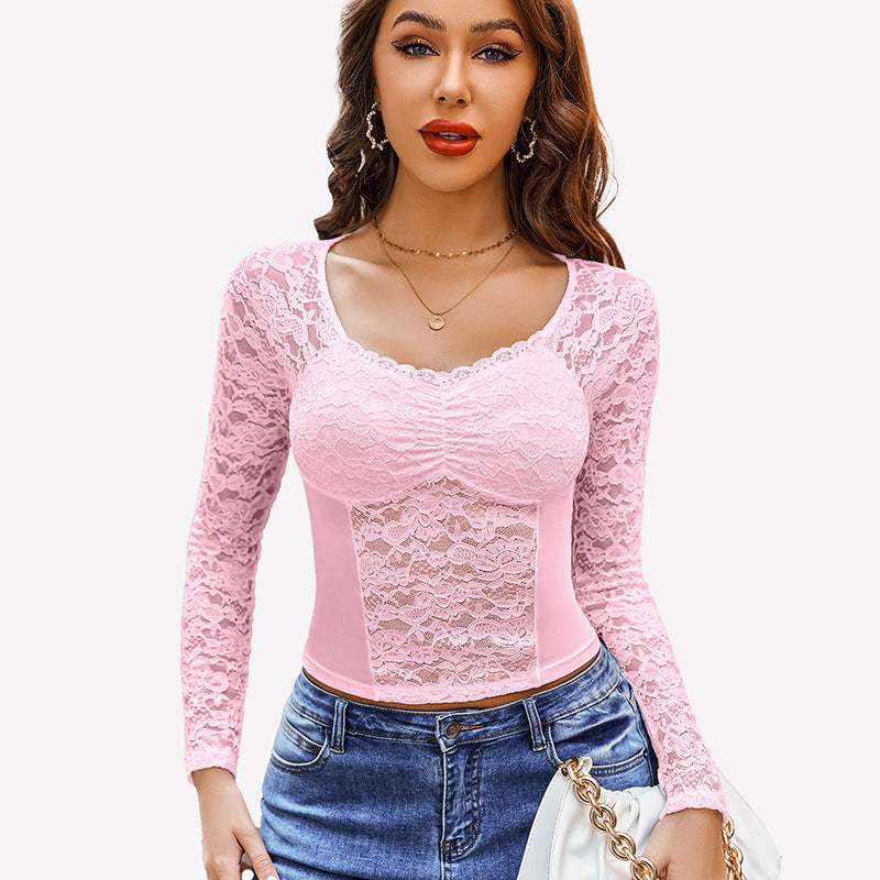 Pink lace long sleeve mesh V neck top for women, elegant design, perfect for a night out