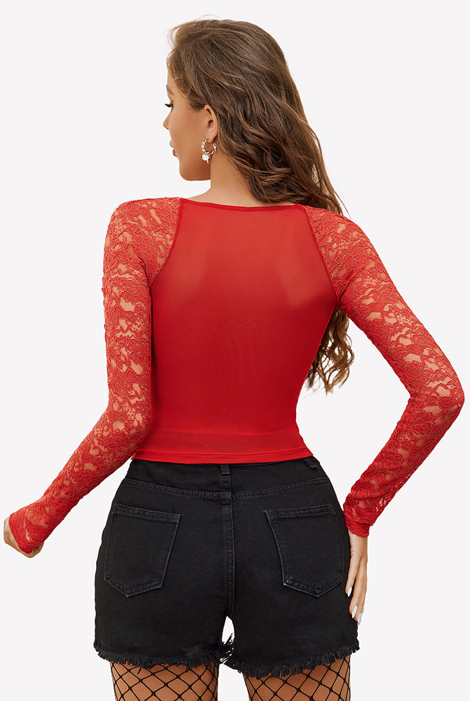 Red lace long sleeve mesh V neck top, elegant design for women, perfect for a night out.
