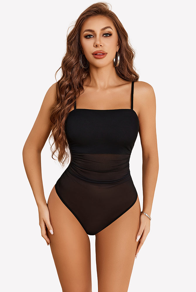 Square-neck sheer bodysuit with tank straps, black