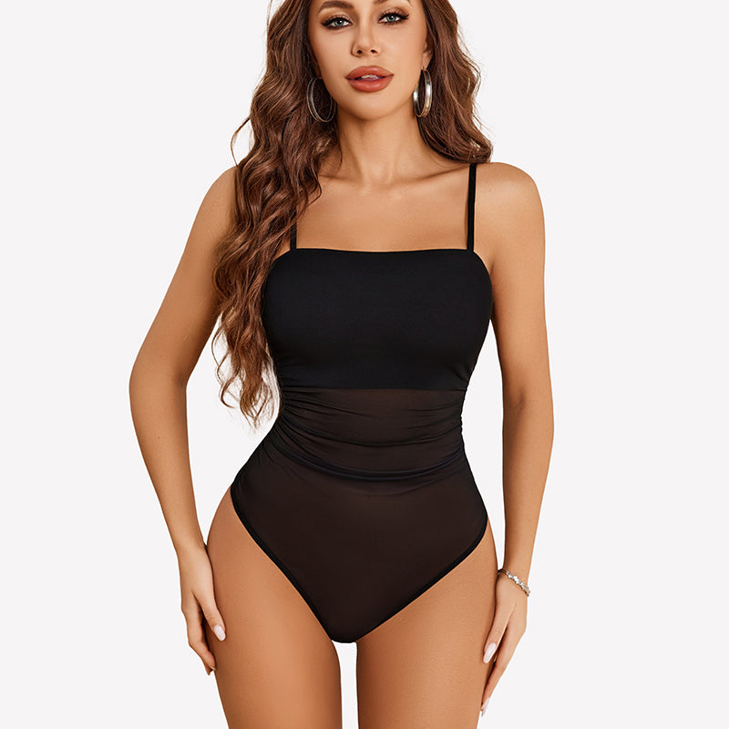 Square-neck sheer bodysuit with tank straps, black