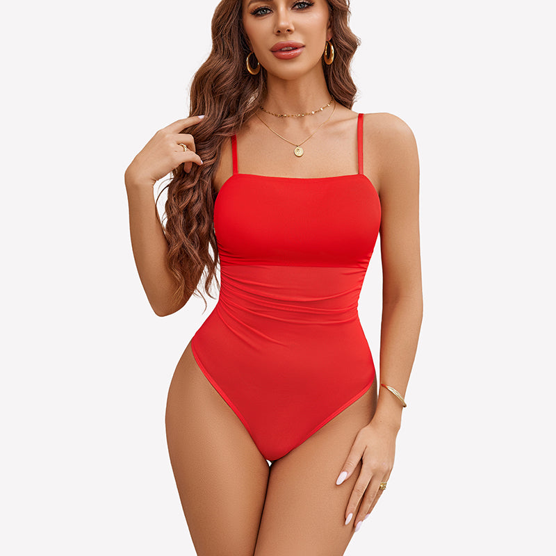 Square-neck sheer bodysuit with tank straps, red