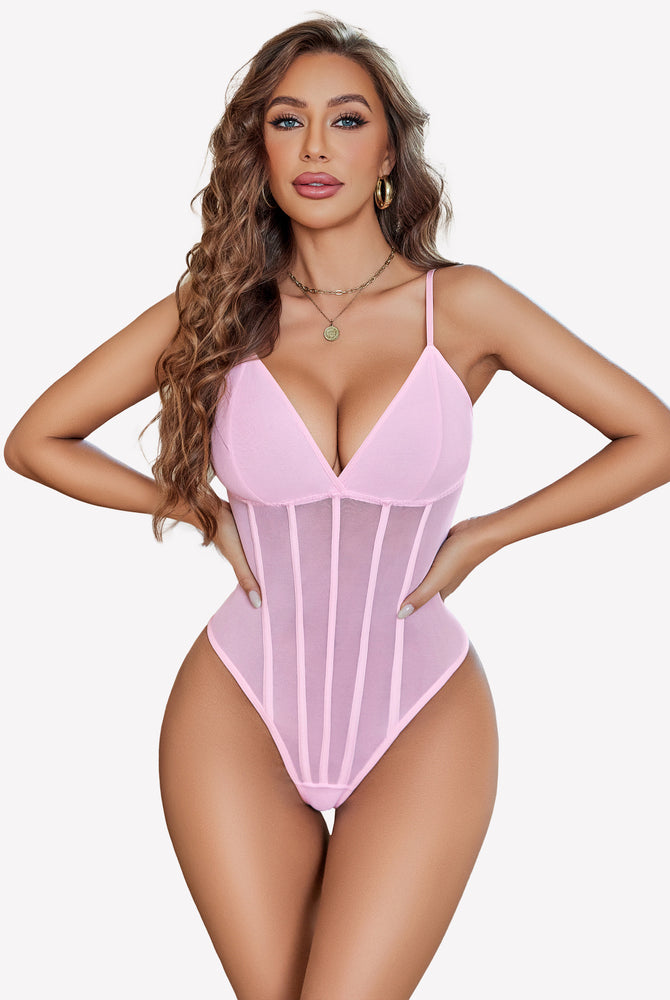 Pink Mesh Bustier Bodysuit with Adjustable Straps and Sheer Panels, body-hugging silhouette.