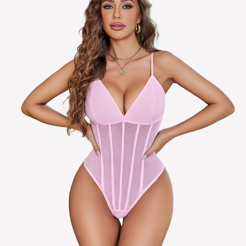 Pink Mesh Bustier Bodysuit with Adjustable Straps and Sheer Panels, body-hugging silhouette.