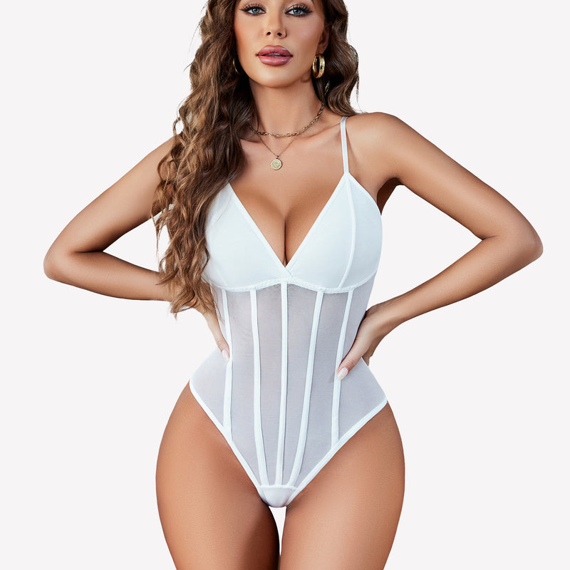 White mesh bustier bodysuit with adjustable straps and sheer panels, body-hugging silhouette