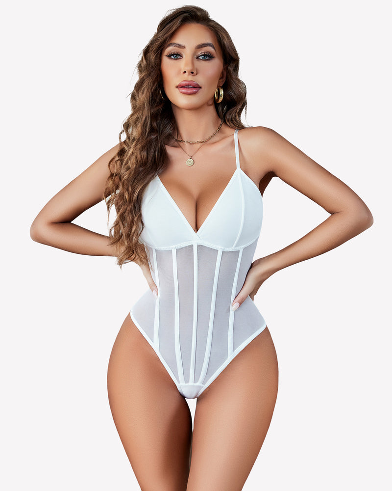 White mesh bustier bodysuit with adjustable straps and sheer panels, body-hugging silhouette