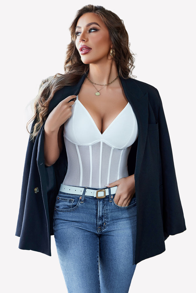 White mesh bustier bodysuit with adjustable straps, paired with blue jeans and blazer.