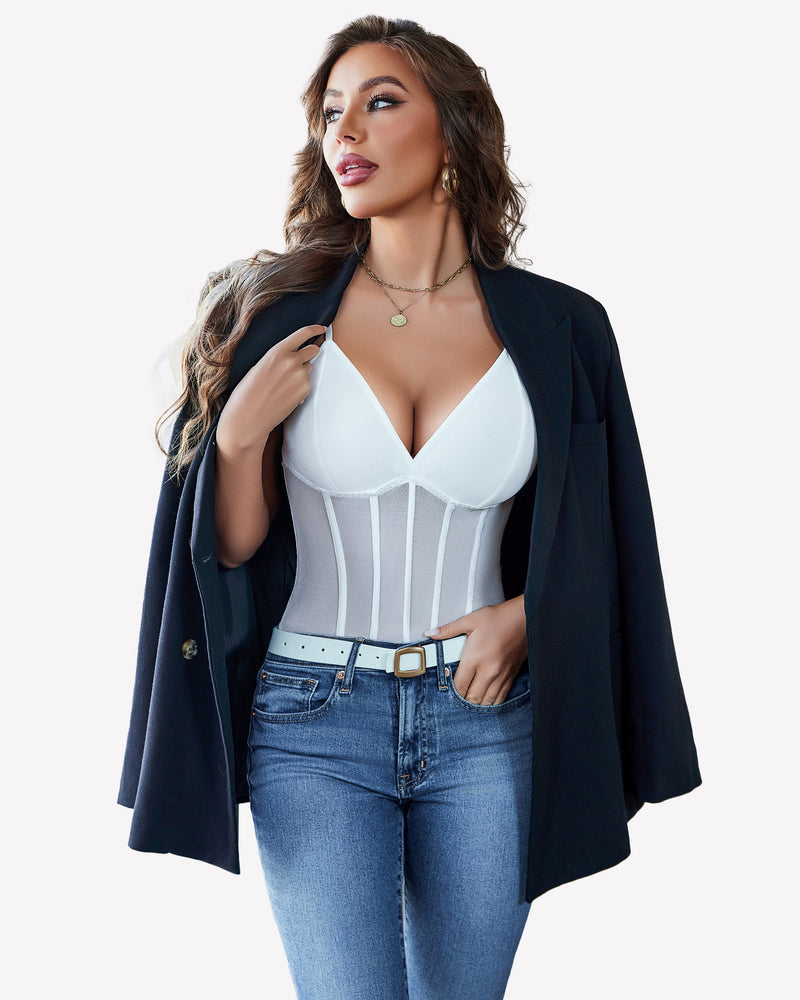White mesh bustier bodysuit with adjustable straps, paired with blue jeans and blazer.