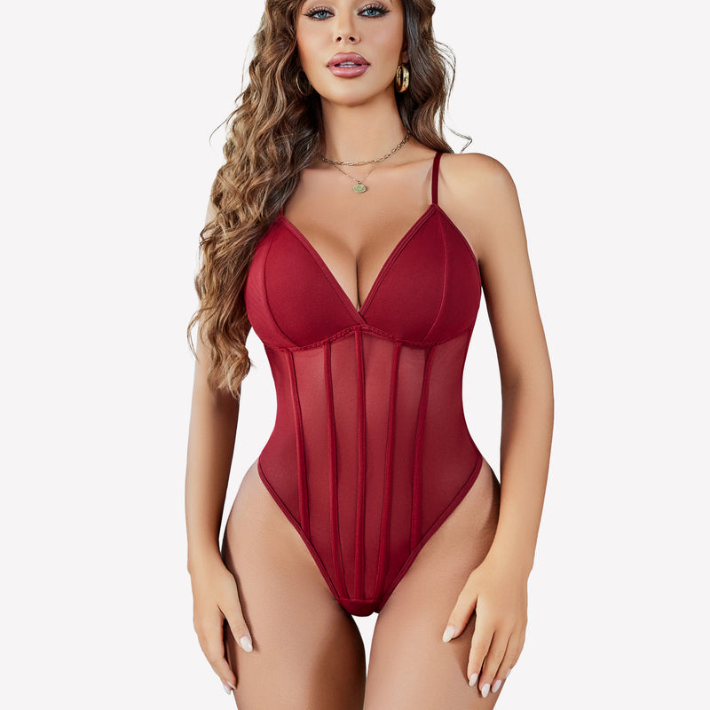 Burgundy Mesh Bustier Bodysuit with Adjustable Straps and Sheer Panels, body-hugging silhouette.