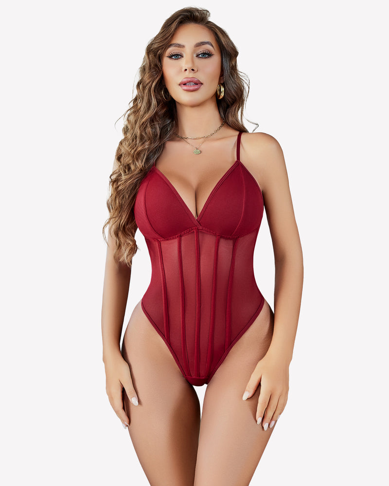 Burgundy Mesh Bustier Bodysuit with Adjustable Straps and Sheer Panels, body-hugging silhouette.
