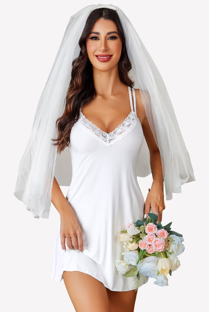 White lace babydoll bridal nightgown, veil, flowers, sexy nightwear, adjustable straps