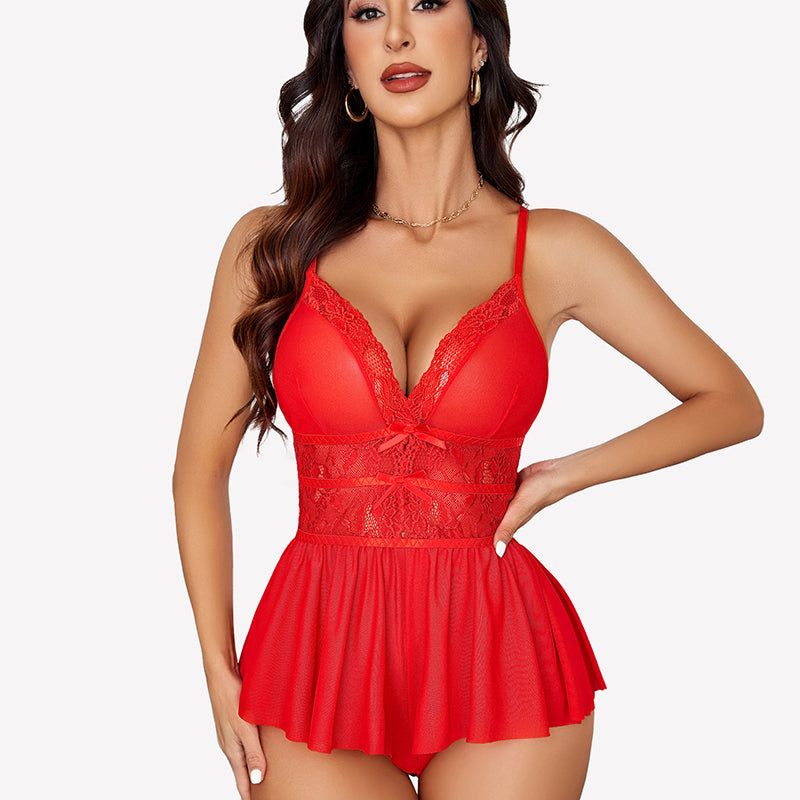 Red lace bodysuit sleepwear with V-neck and mesh details, perfect for a sexy night.