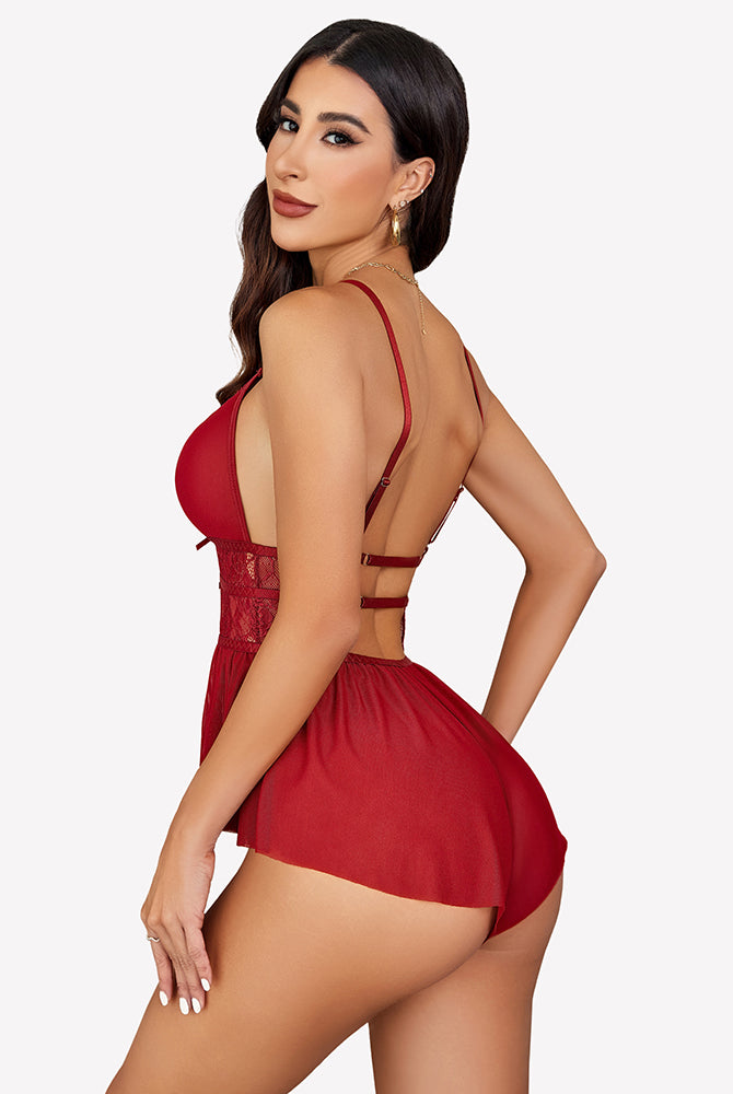 Burgundy V-neck lace bodysuit sleepwear with mesh details, perfect for a sexy night.
