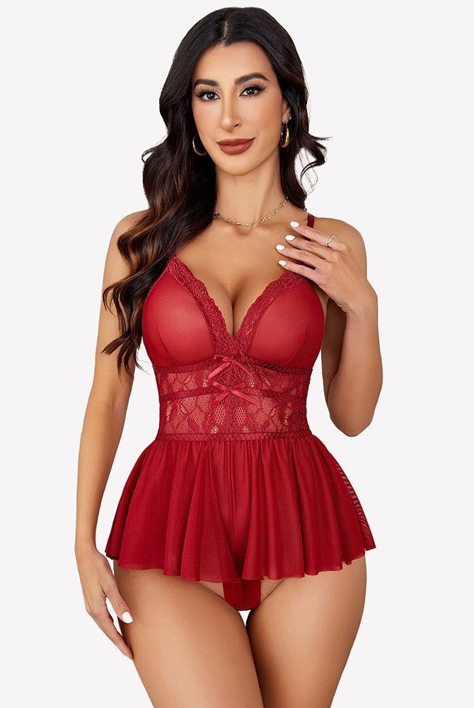 Red V-neck lace bodysuit sleepwear with mesh and lace details, perfect for a sexy night.