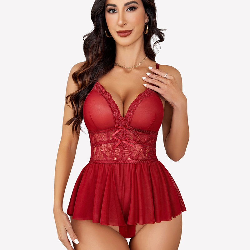 Red V-neck lace bodysuit sleepwear with mesh and lace details, perfect for a sexy night.