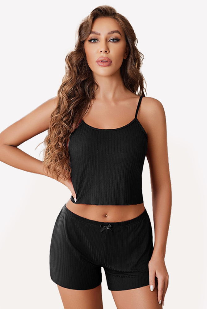 Black ribbed cami pajama set for women, comfortable sleepwear with scoop neck and bow detail