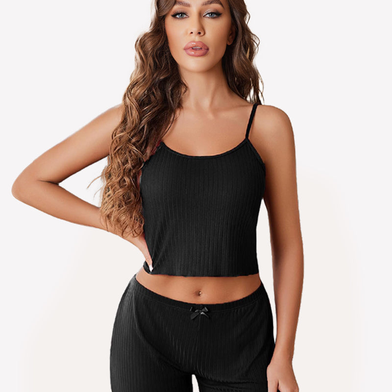 Black ribbed cami pajama set for women, comfortable sleepwear with scoop neck and bow detail