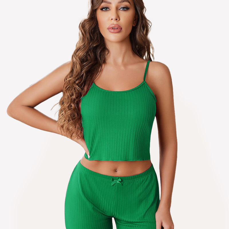 Green ribbed cami pajama set for women, comfortable sleepwear with bow detail, soft fabric