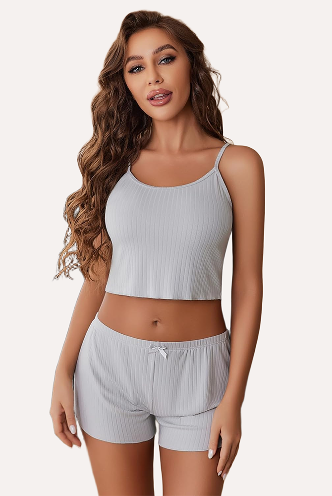 Light gray ribbed lounge set, comfortable sleepwear for women, scoop neck and adjustable straps