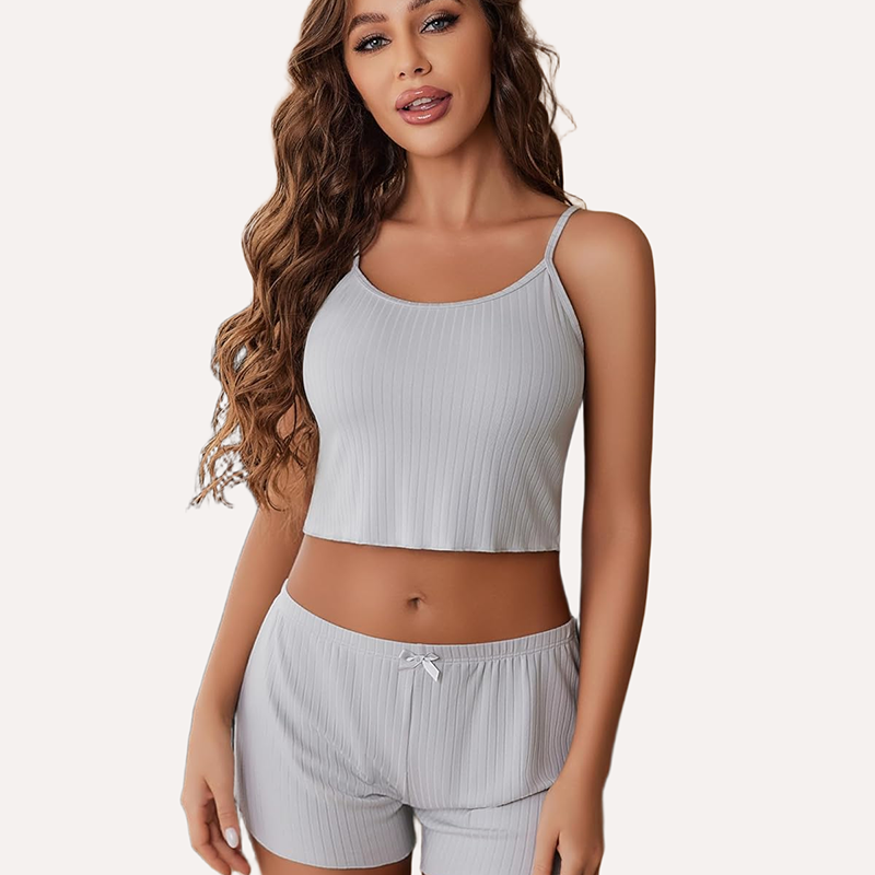 Light gray ribbed lounge set, comfortable sleepwear for women, scoop neck and adjustable straps