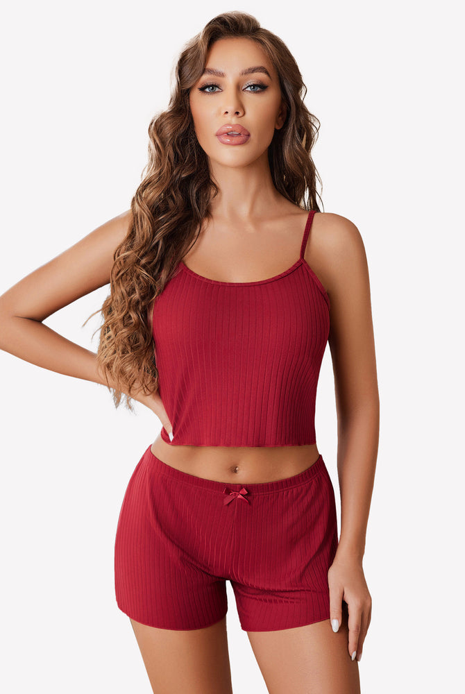 Burgundy ribbed cami pajama set, comfortable sleepwear for women, adjustable straps and bow detail