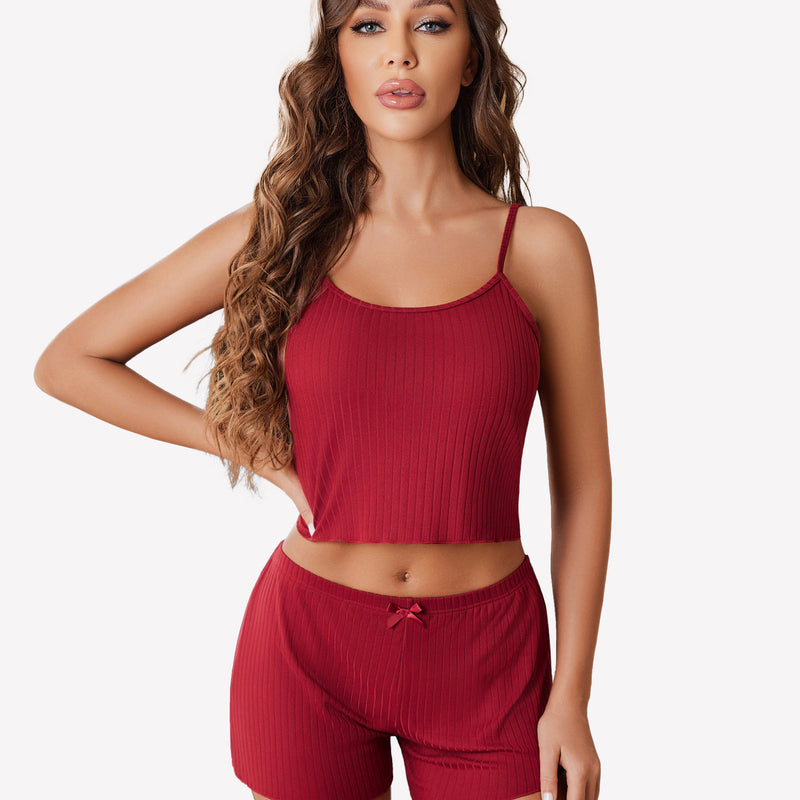Burgundy ribbed cami pajama set, comfortable sleepwear for women, adjustable straps and bow detail