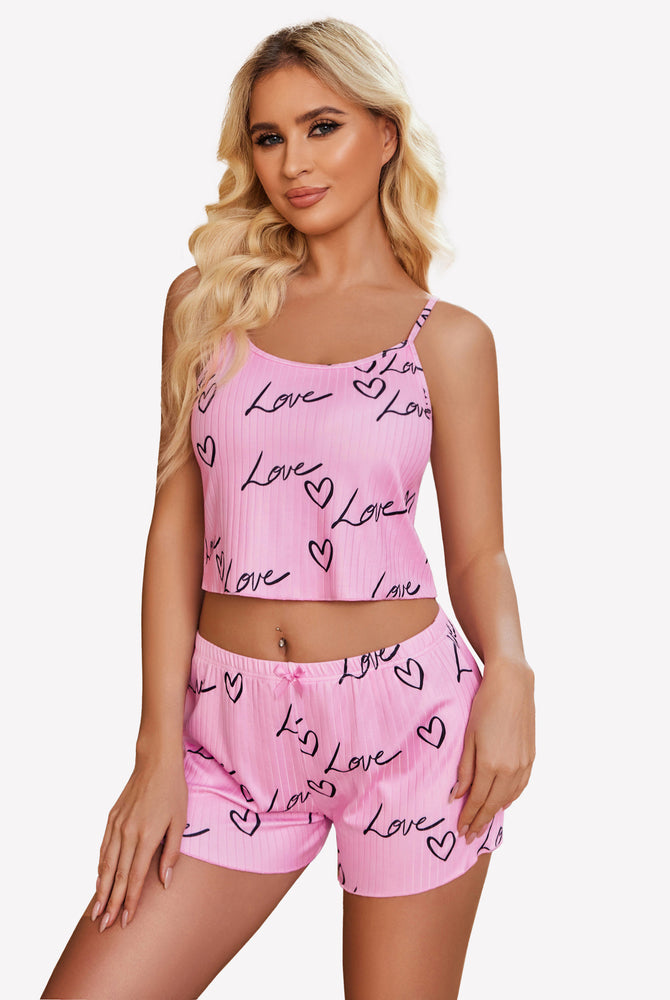 Pink ribbed cami pajama set with 'Love' and heart print, comfortable sleepwear for women.