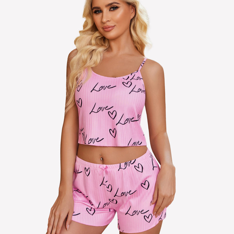 Pink ribbed cami pajama set with 'Love' and heart print, comfortable sleepwear for women.