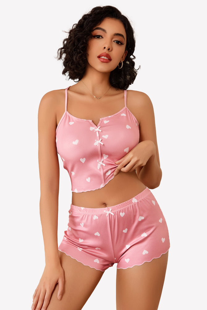 Pink heart print ribbed cami pajama set with bow details and lettuce trim