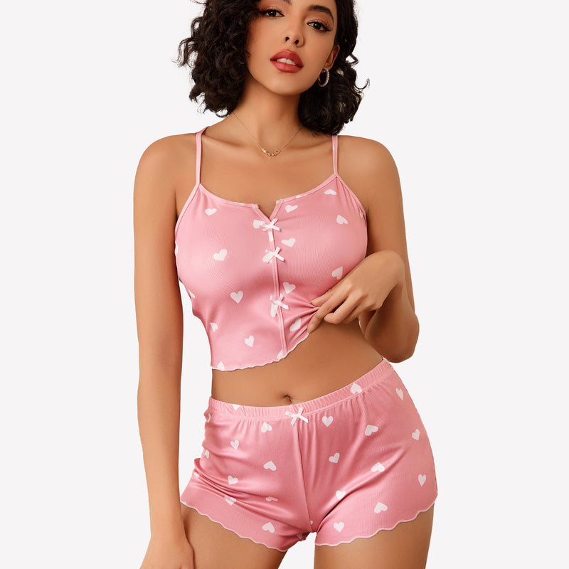 Pink heart print ribbed cami pajama set with bow details and lettuce trim