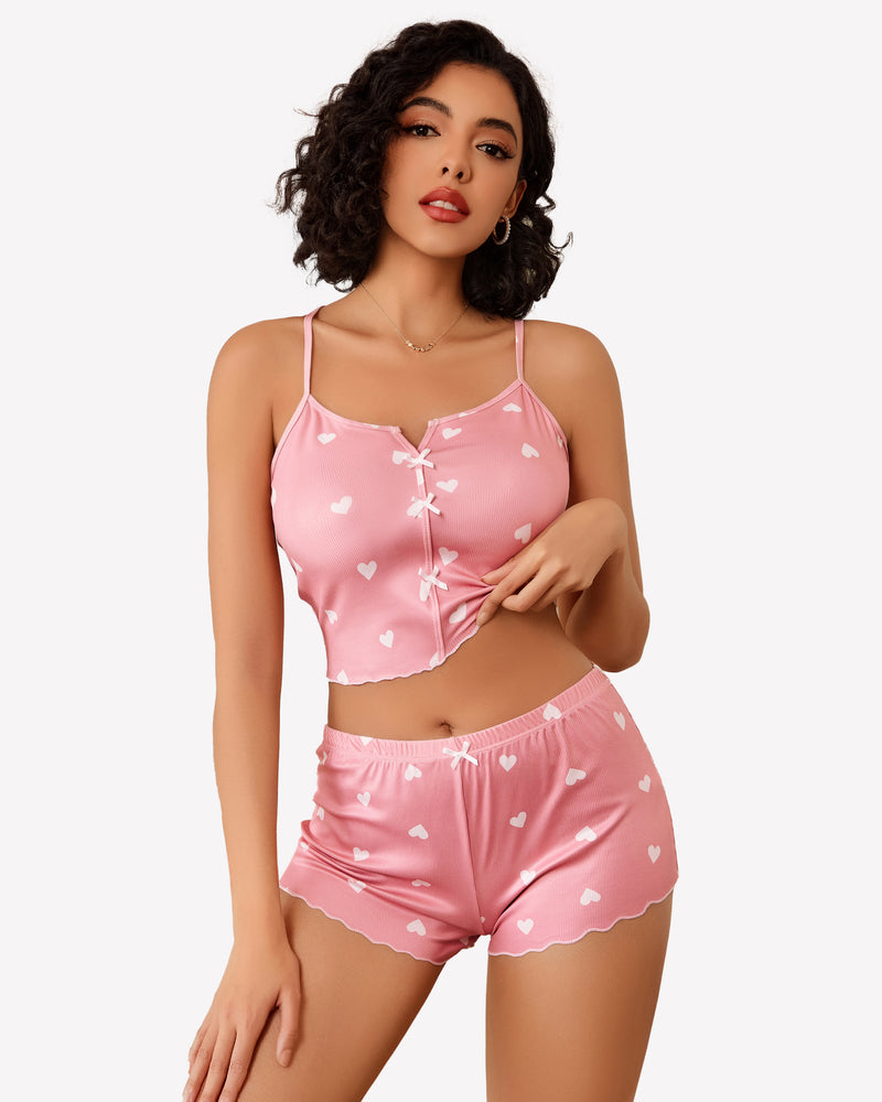 Pink heart print ribbed cami pajama set with bow details and lettuce trim