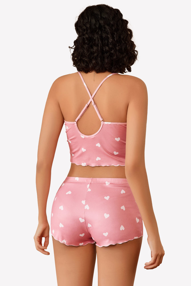 Pink heart print ribbed cami pajama set with lettuce trim, comfortable sleepwear