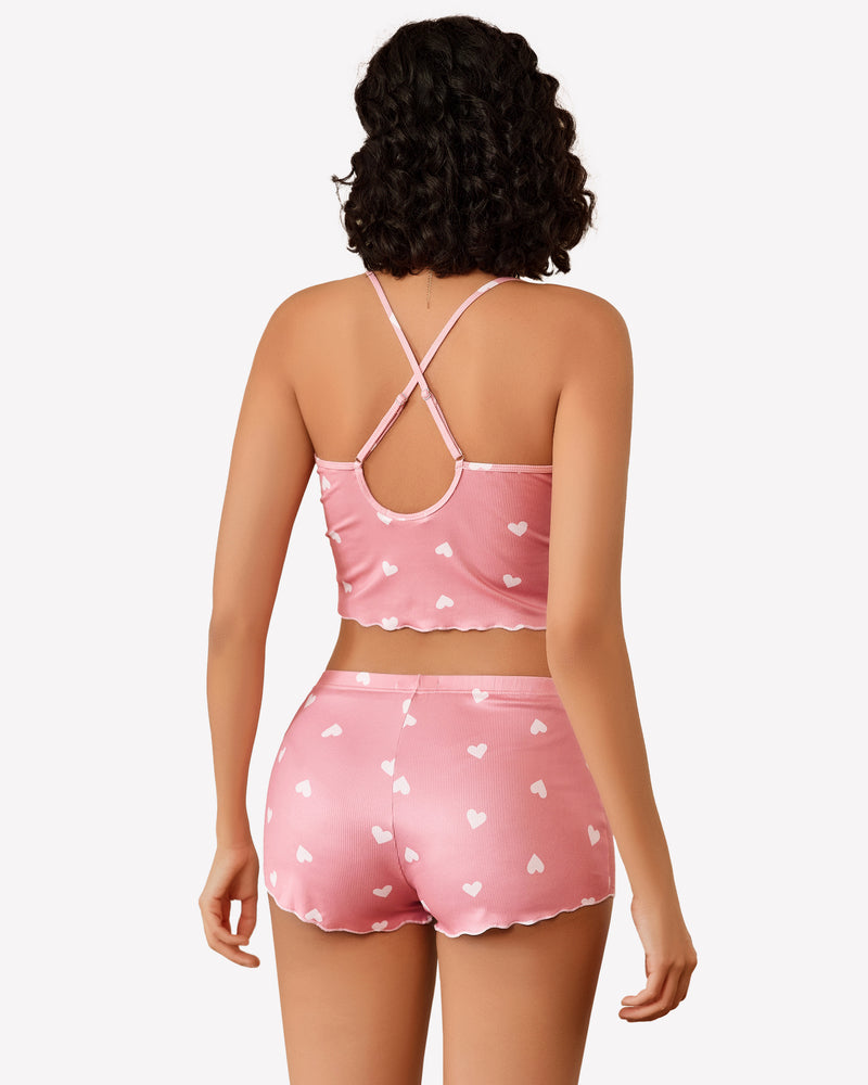 Pink heart print ribbed cami pajama set with lettuce trim, comfortable sleepwear