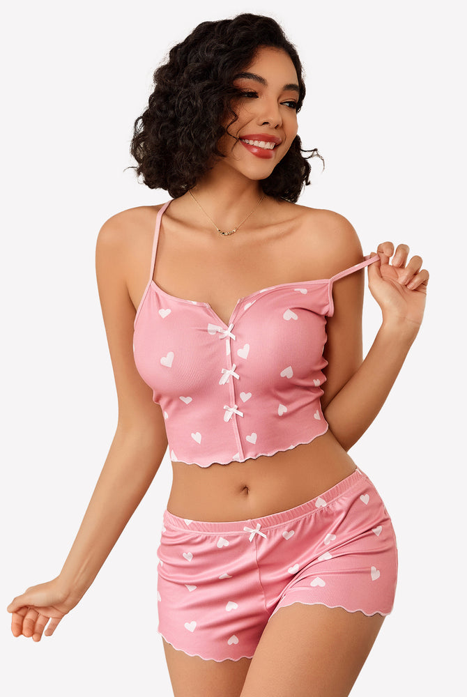 Pink heart print ribbed cami pajama set with bow details and lettuce trim, comfortable sleepwear
