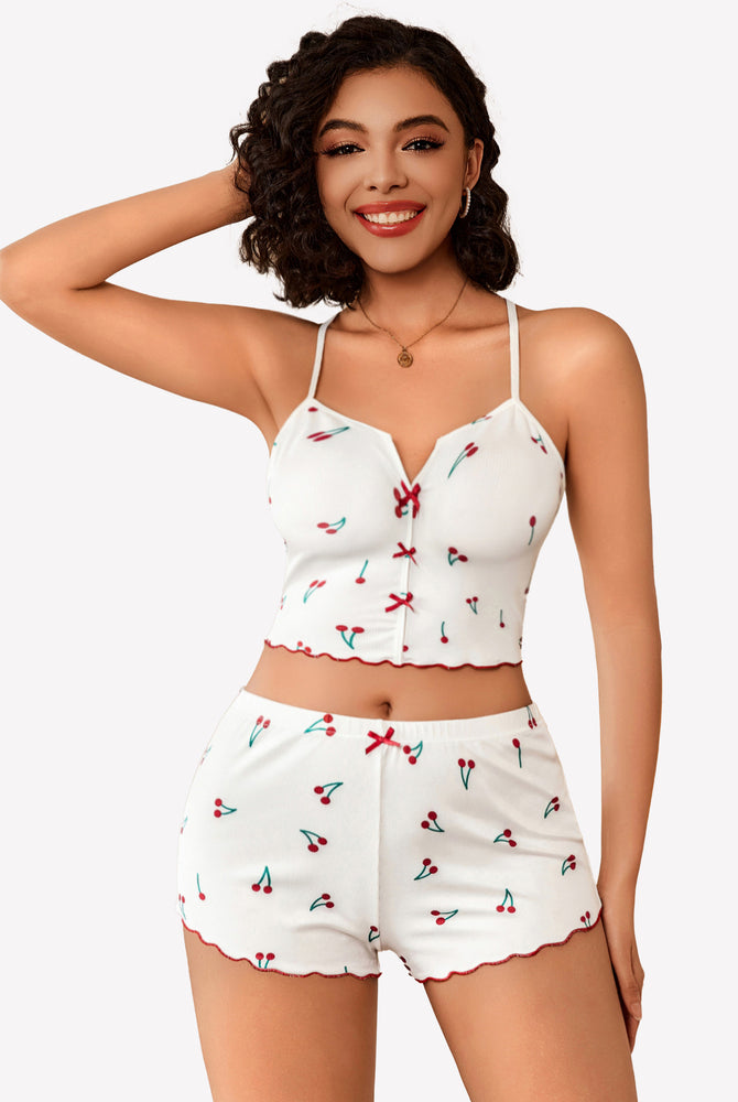 White cherry print ribbed cami pajama set: cami top and shorts for comfortable sleepwear.