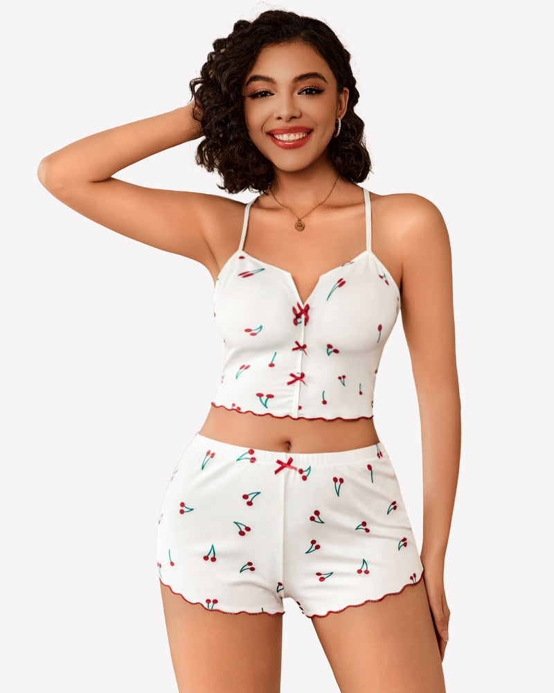 White cherry print ribbed cami pajama set: cami top and shorts for comfortable sleepwear.
