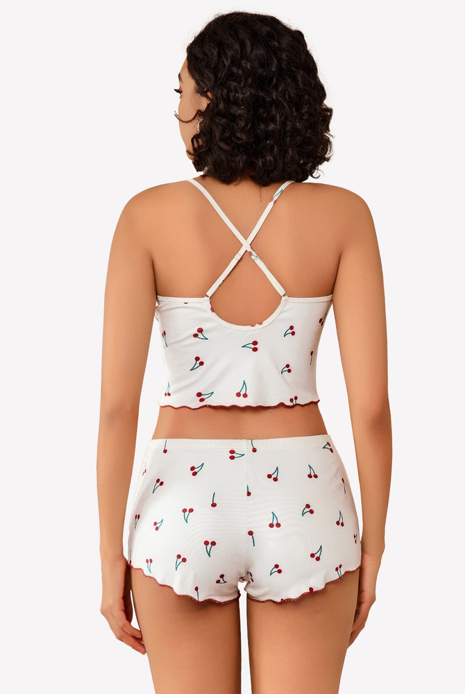 White cherry print ribbed cami pajama set with lettuce trim, comfortable sleepwear