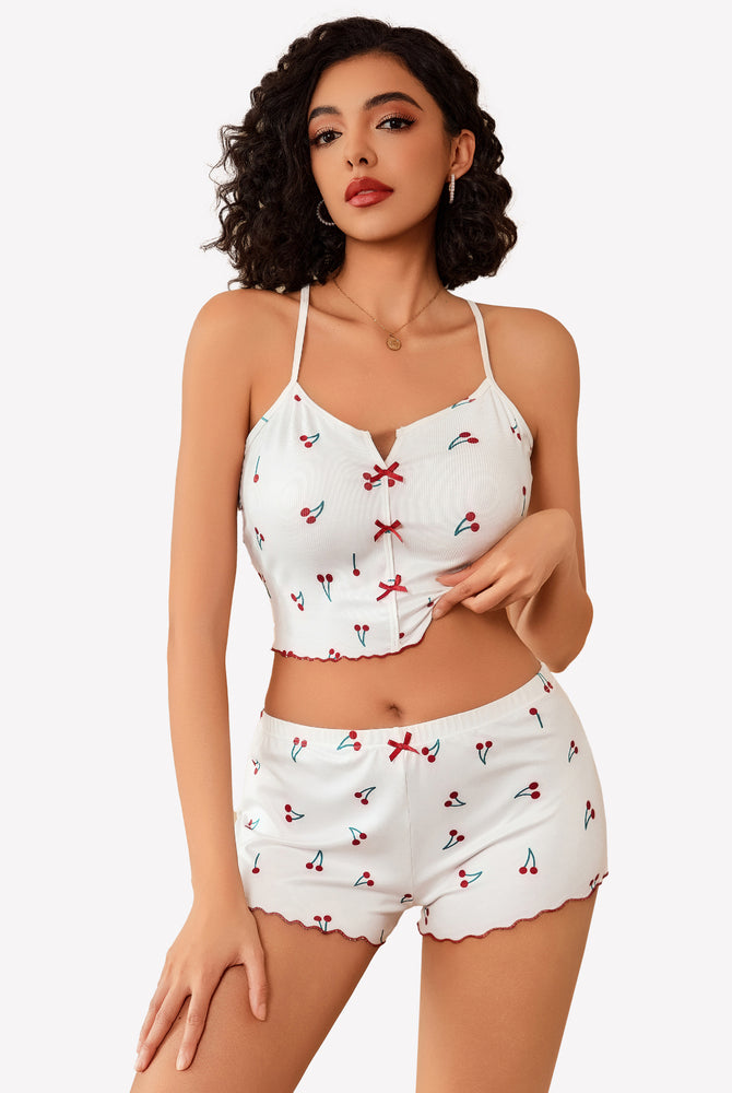 White cherry print ribbed cami pajama set, comfortable sleepwear with bow details and lettuce trim.