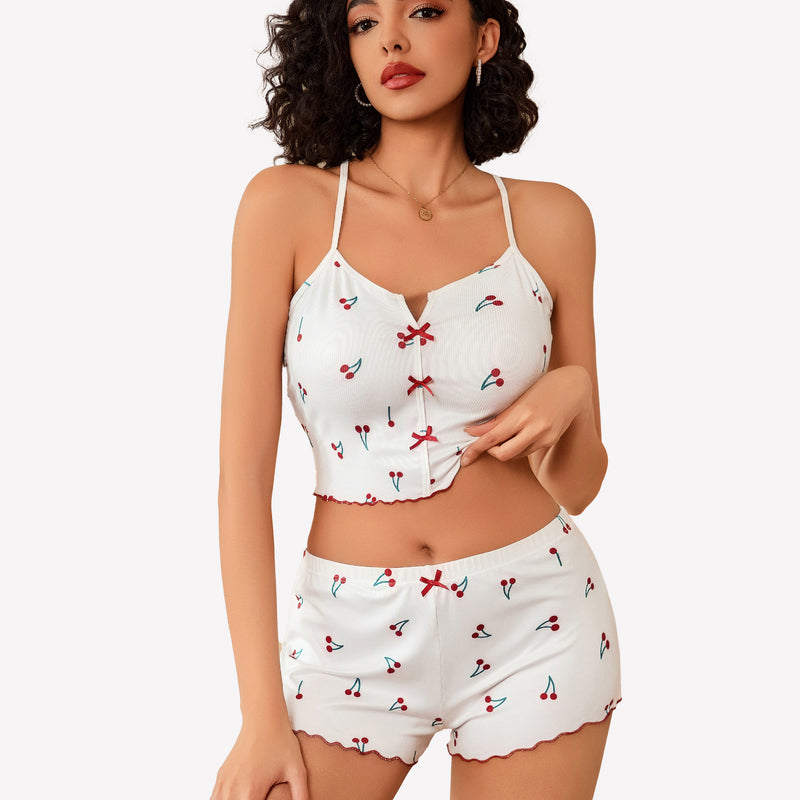 White cherry print ribbed cami pajama set, comfortable sleepwear with bow details and lettuce trim.