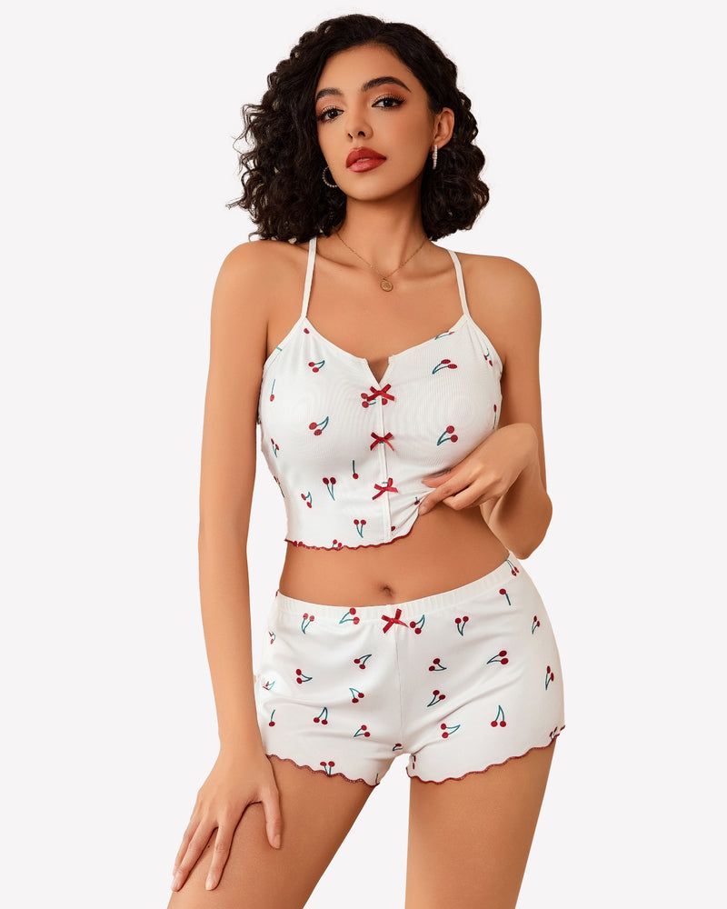 White cherry print ribbed cami pajama set, comfortable sleepwear with bow details and lettuce trim.