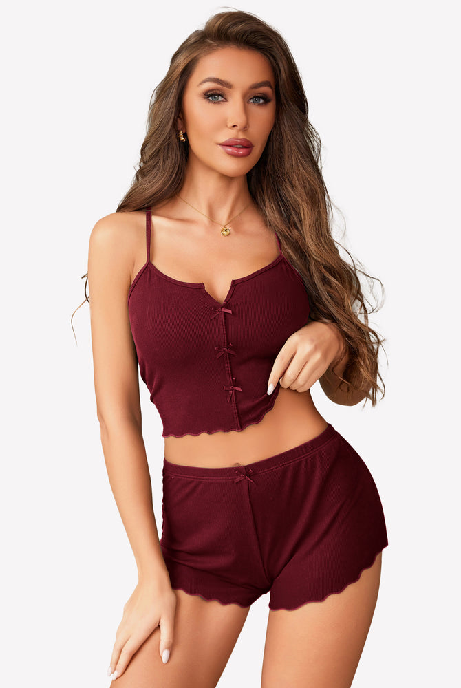 Burgundy ribbed cami pajama set with bow details and lettuce trim hem, comfortable sleepwear
