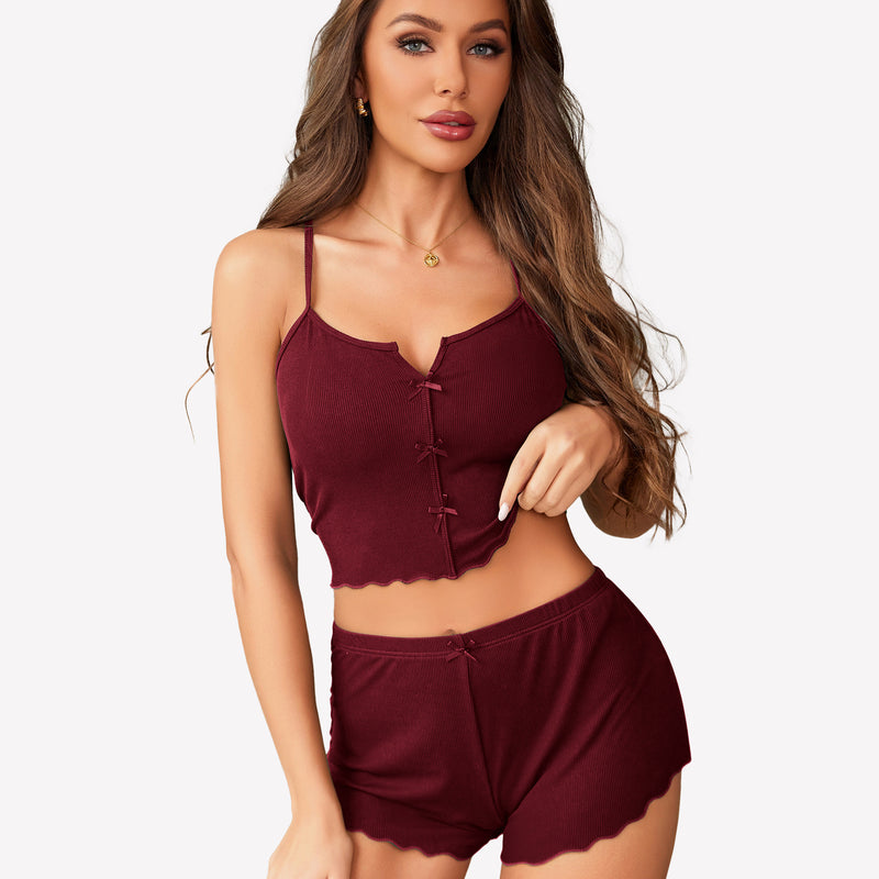 Burgundy ribbed cami pajama set with bow details and lettuce trim hem, comfortable sleepwear